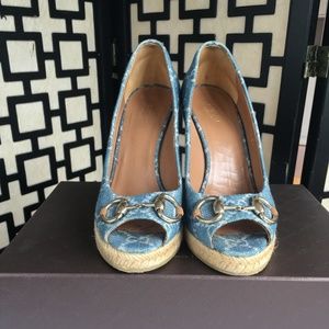 Gucci Blue GG Denim Horsebit Espadrille Wedges